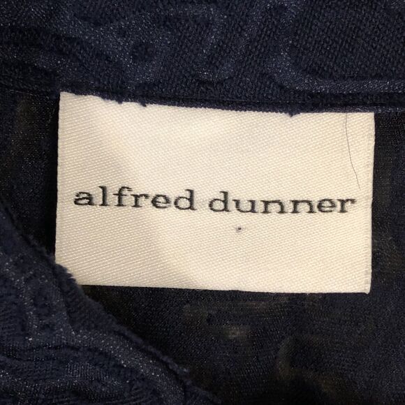 Alfred Dunner Blouse Womens 12 Navy Blue Semi Sheer Lace Geometric Button-Down - Picture 6 of 11